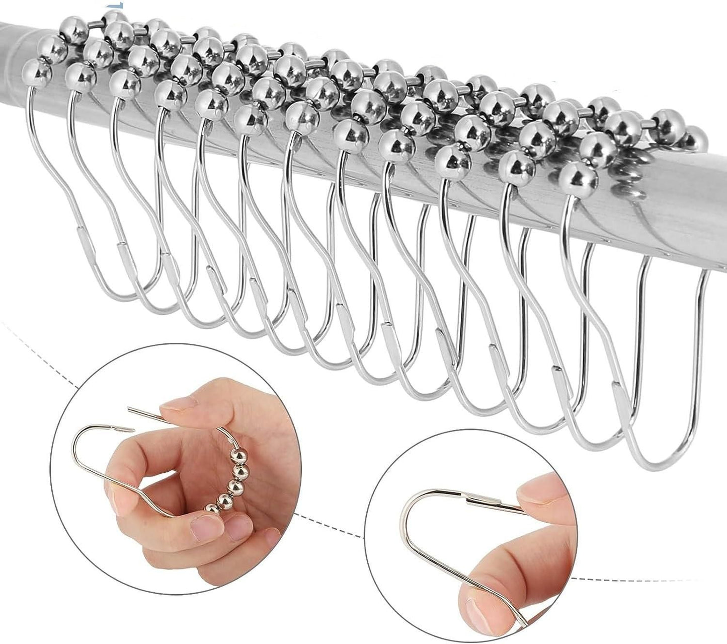 12 Piece Set Rustproof Stainless Steel Shower Curtain Rings Hooks for Bathroom, Shower Curtain Rods